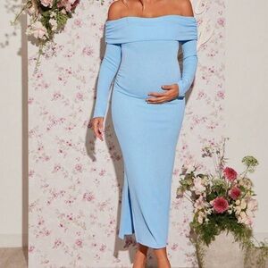 Shein Blue Fitted Off Shoulder Maternity Dress